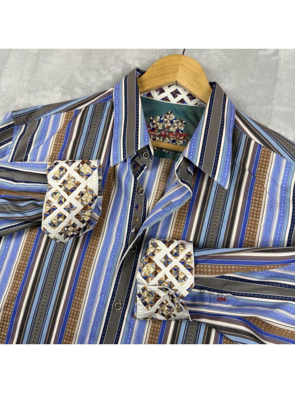 Robert Graham Striped Button Up Shirt Blue Brown Embroidered MenXL Preppy Luxury